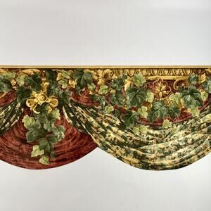 Victorian Gold Ivy Swag Drapery Moulding Burgundy Sculptured Wallpaper Border